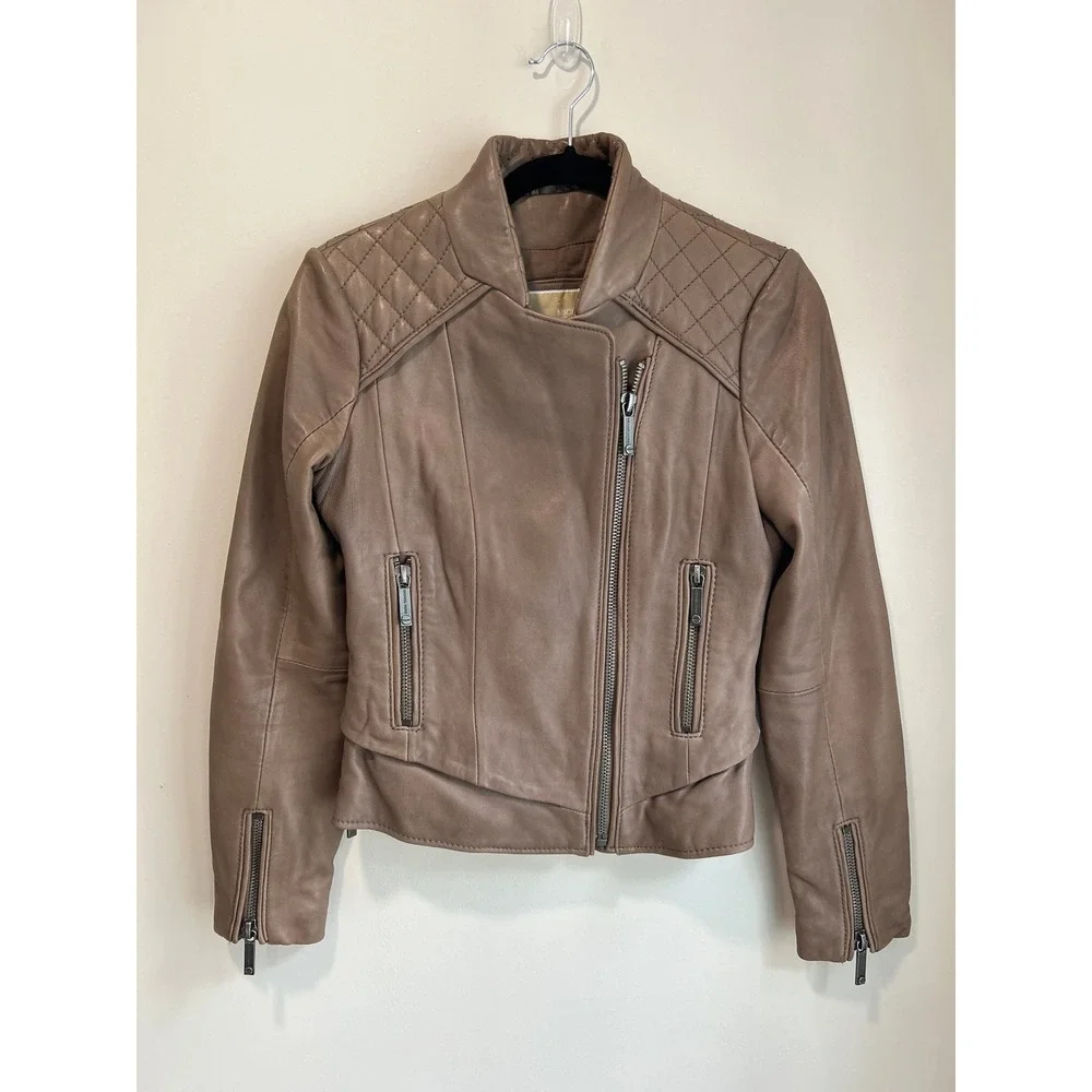MICHAEL Michael Kors Genuine Leather Moto Jacket Sz XS Taupe Brown Quilted Biker